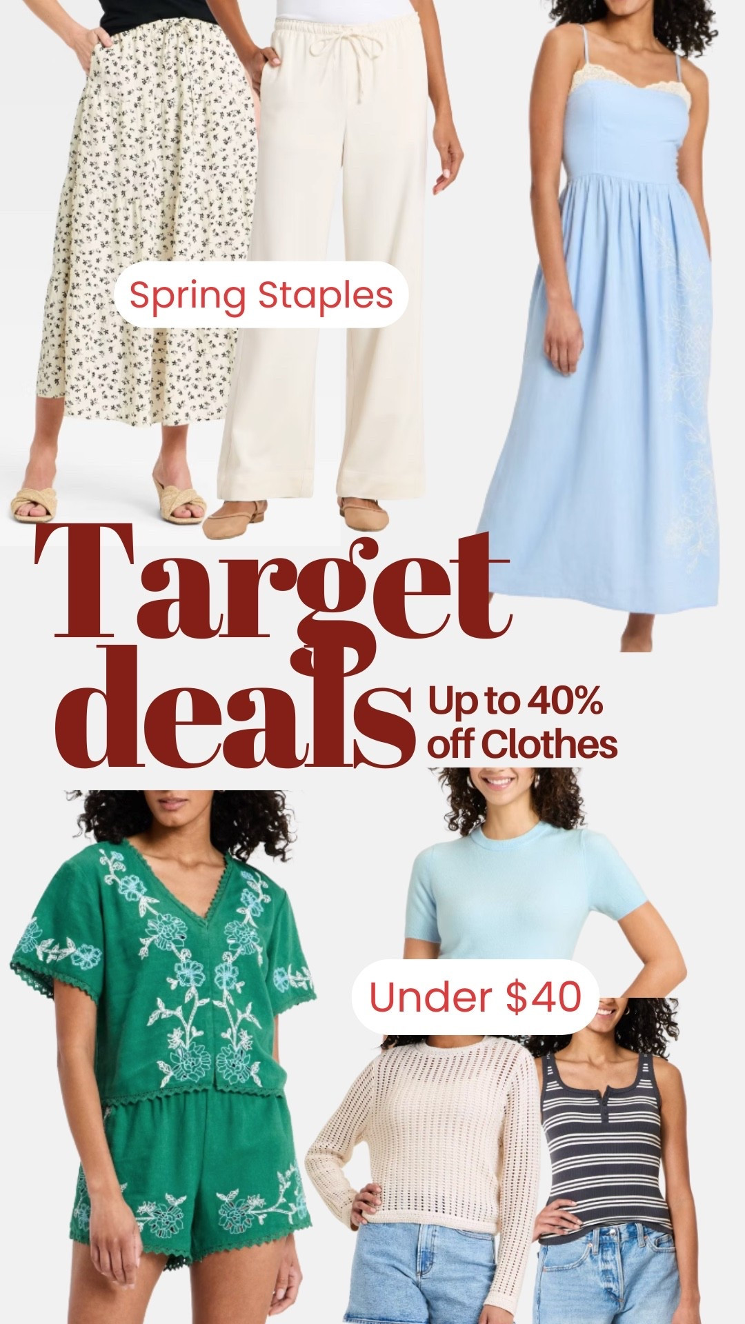 Target Circle Deal Days are here — up to 40% off clothing and so many spring staples under $40! Floral midi skirt, wide leg pants, lace-trim dress, embroidered romper, crochet sweater and more. All linked before these deals disappear! ✨