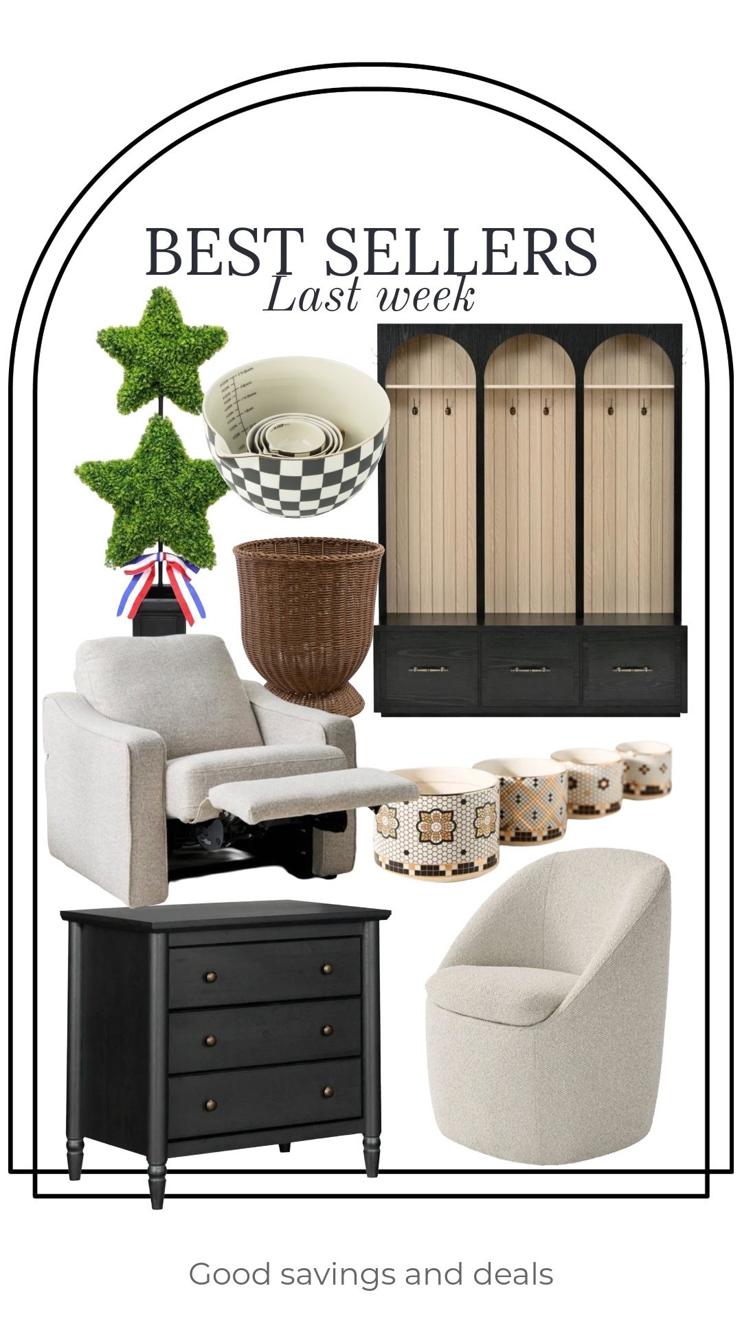 Best sellers from last week include nightstands, farmhouse wooden style halo tree, 4th of July star topiary, accent chair.

#LTKHome