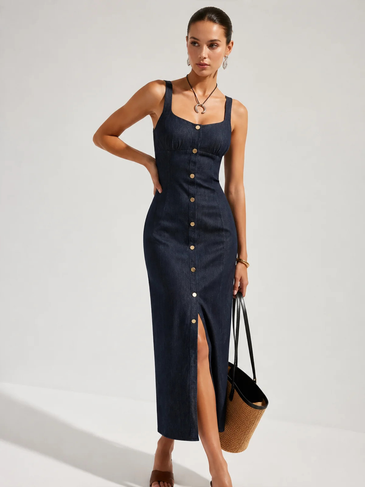 Button Front Denim Midi Dress | Commense