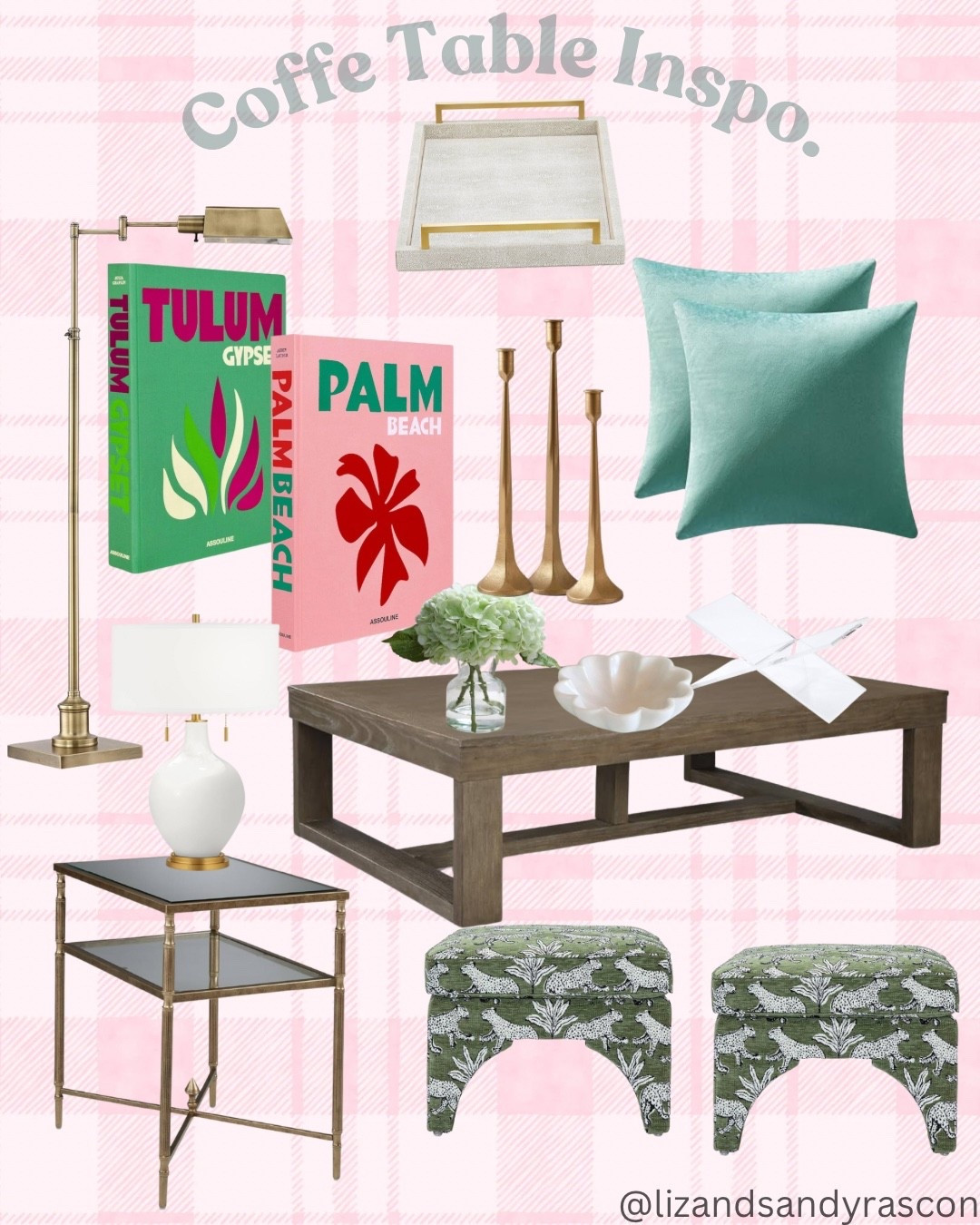 Coffee table inspo. Coffee table, coffee table books, velvet pillow cases, glass gold end table, green velvet ottomans, floor lamp, lamp, book stand, maple bowl, floral, candle holders, tray. Palm Beach Vibes.

#LTKHome
