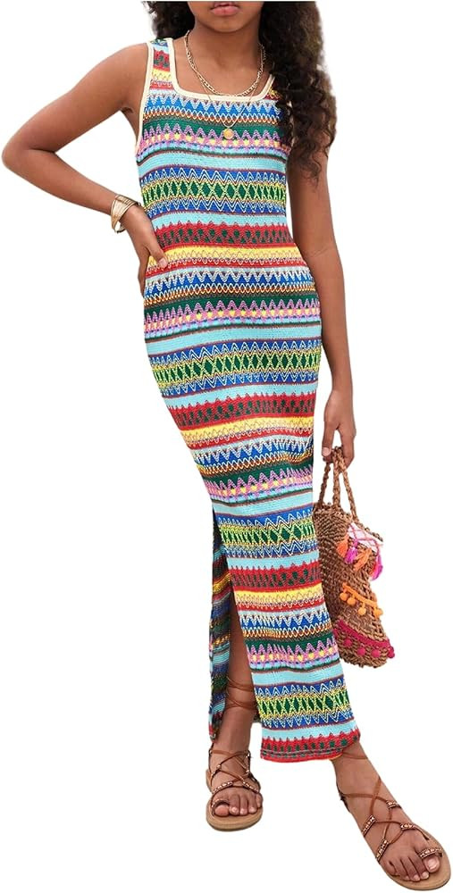 Girl's Summer Boho Striped Sleeveless Tank Dress - Square Neck Split Thigh Long Maxi | Amazon (US)
