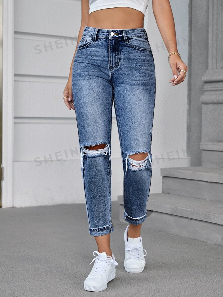 SHEIN EZwear High Waist Ripped Tapered Jeans Without Belt | SHEIN