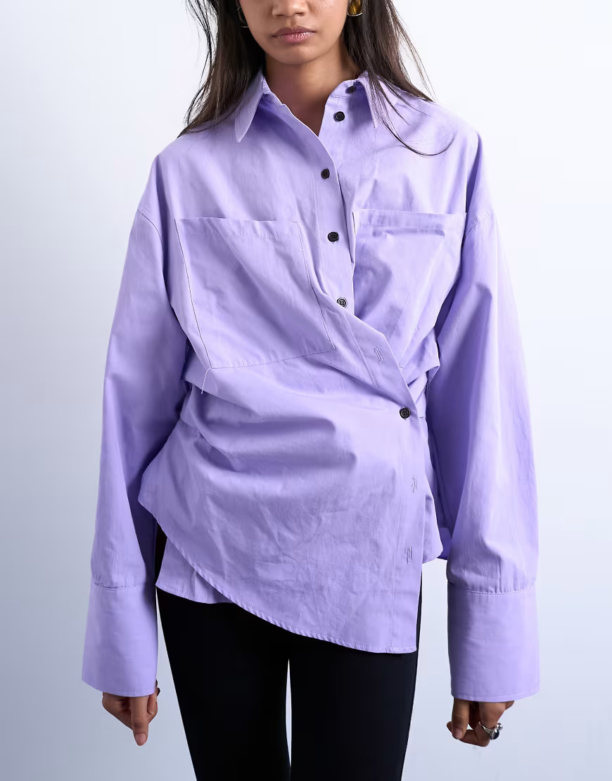 Topshop asymmetric placket waisted long sleeve cinched shirt in purple-Grey | ASOS (Global)
