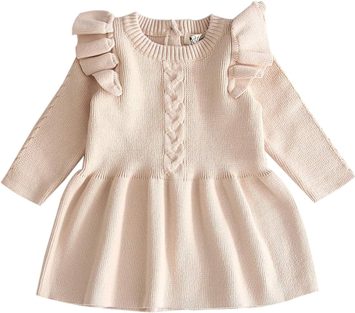 Toddler Baby Girl Knit Sweater Dress Kids Solid Color Ribbed Ruffle Long Sleeve Dresses Top Fall Win | Amazon (US)