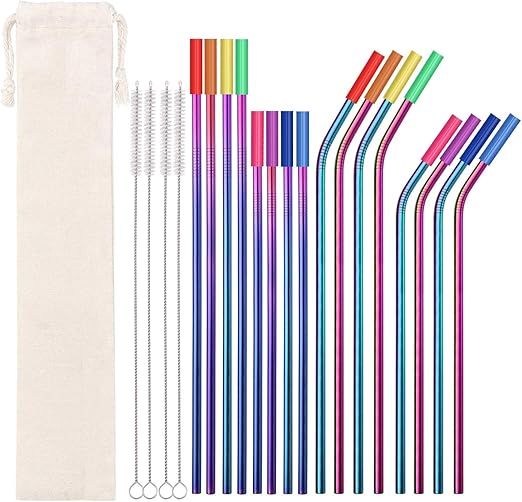 Metal Straws Stainless Steel Straws 16 Pcs 10.5" 8.5" Reusable Drinking Straws Rainbow Multi Colo... | Amazon (US)