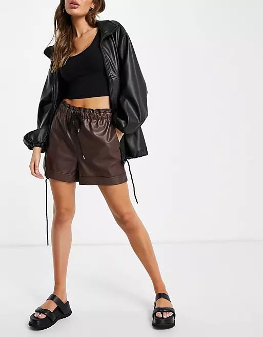 Topshop faux leather jogger short in chocolate | ASOS (Global)