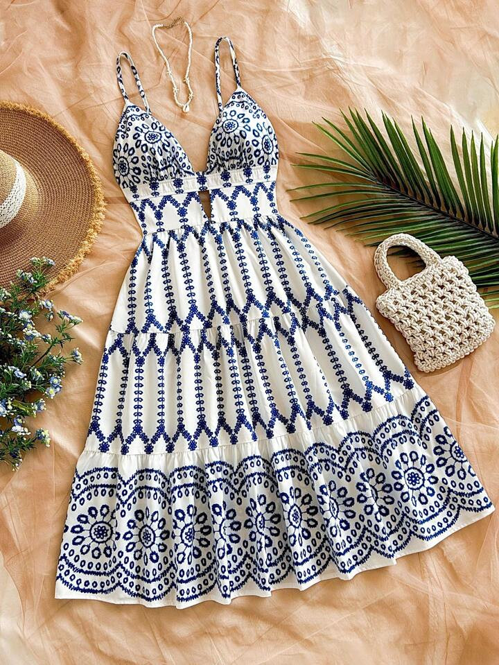 Soleia Tropical Floral Print Hollow V-Neck A-Line Backless Midi Dress For Women, Suitable For Holiday, Date, Valentine's Day Afternoon Tea, Vacation, Music Festival, Bohemian Style | SHEIN