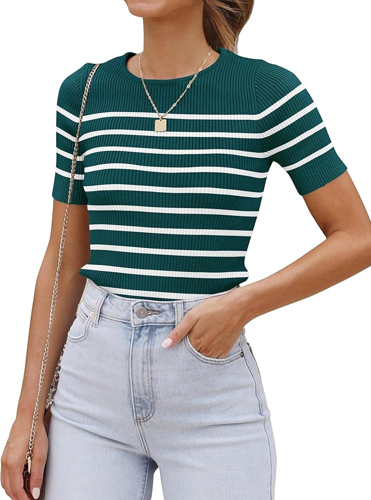 ZESICA Women's Short Sleeve Crewneck Striped T Shirt 2025 Summer Ribbed Knit Slim Fit Casual Basi... | Amazon (US)