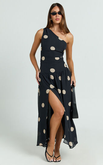 Darlynne Midi Dress - One Shoulder Dress in Black Polkadot | Showpo (US, UK & Europe)