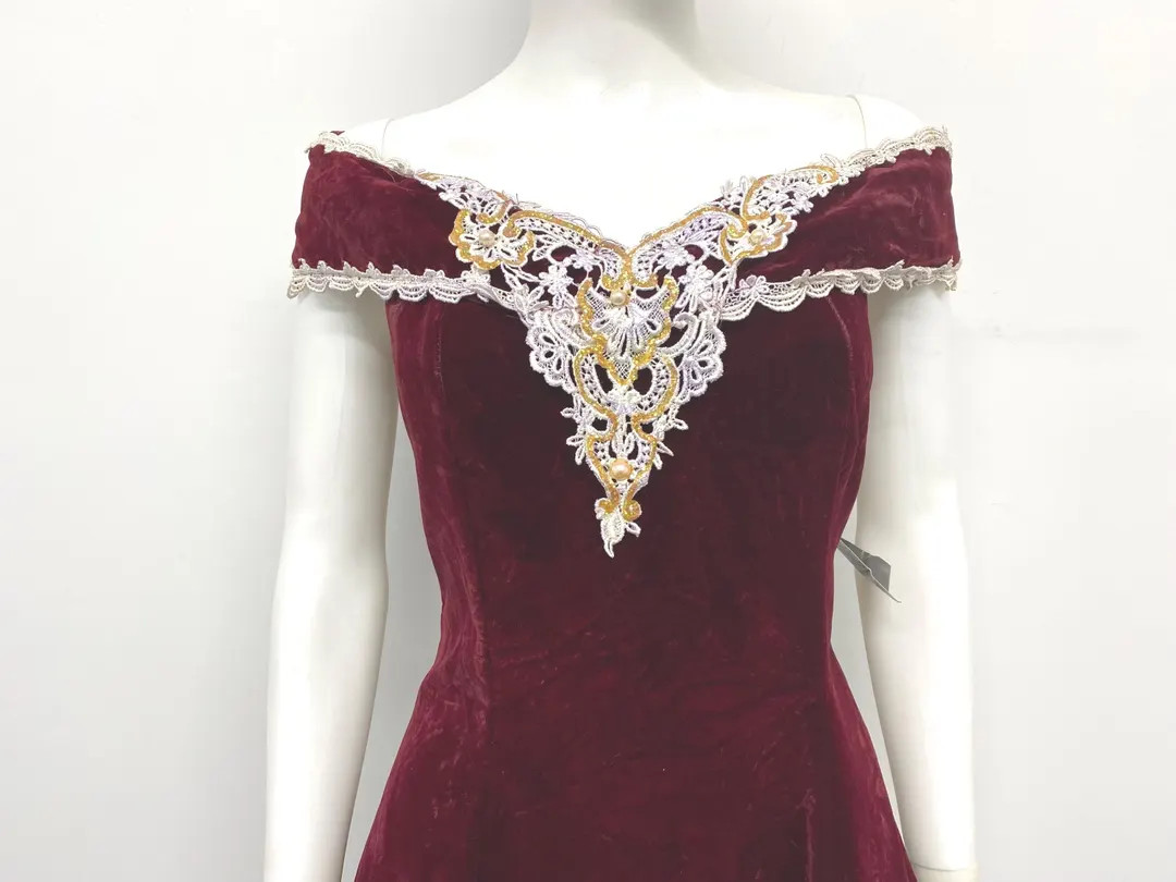 Vintage 80's Red Velvet off the Shoulder Dress With Lace Detail - by Dollar - Measures Size L - M... | Etsy (US)