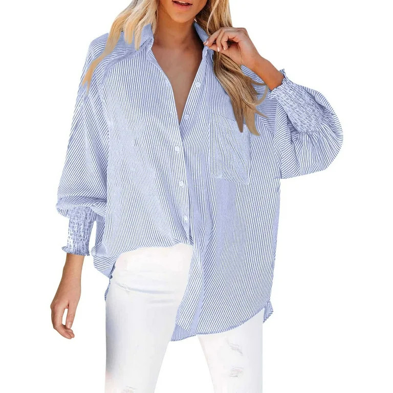 Womens Shirts Striped Button Down Shirts Puff Sleeve Oversized Blouses Loose Tunics Business Work... | Walmart (US)