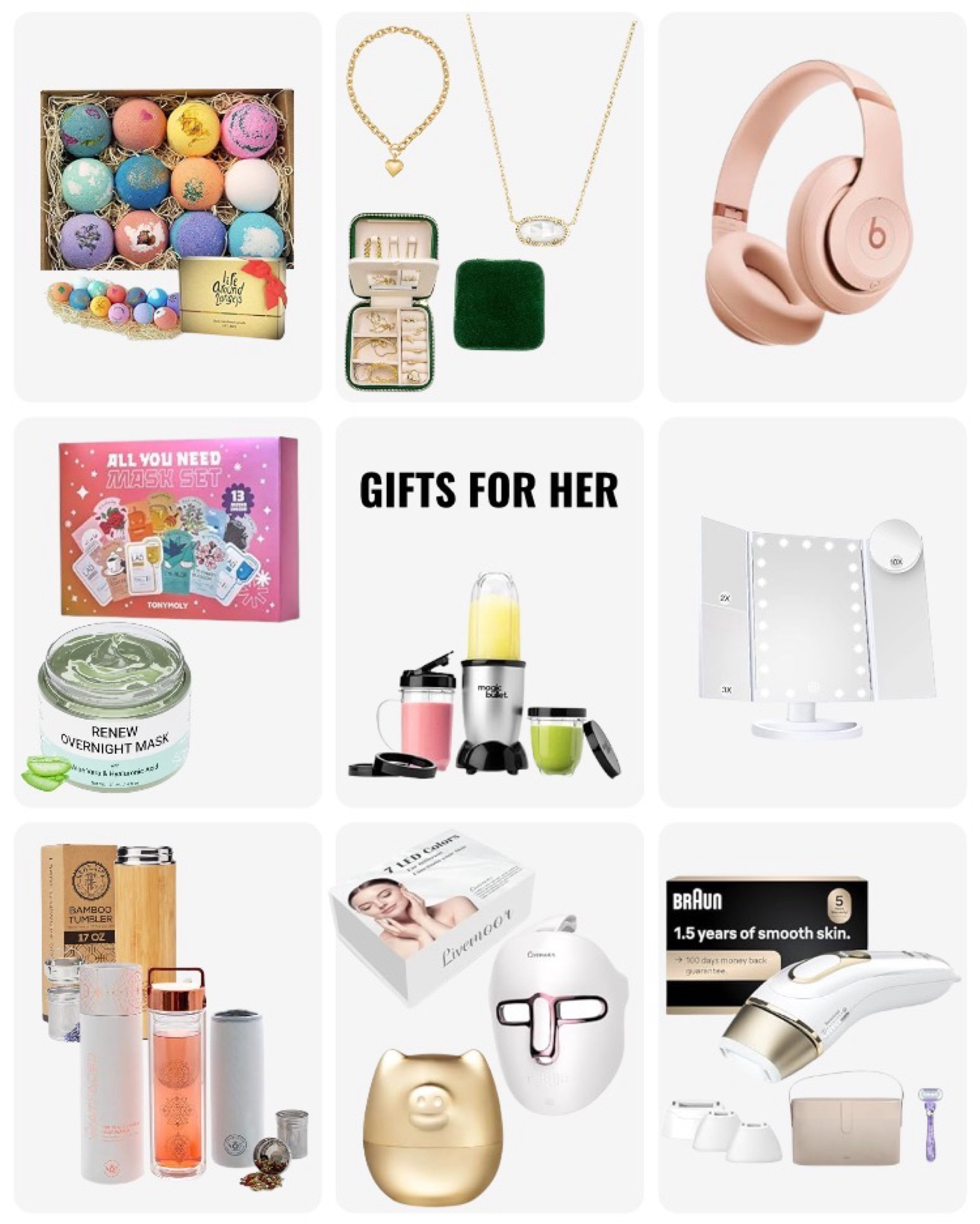 Gifts for her — gifts for daughter, sister, aunt, mom, girlfriend, wife…  (or spoil yourself) bath bombs, velvet jewelry box, jewelry, tea infuser, personal sized blender, beats headphones, face masks, beauty and skincare, light up makeup mirror, gift baskets, Braun laser hair removal…  #giftlist #giftsforher

#LTKHoliday #LTKGiftGuide