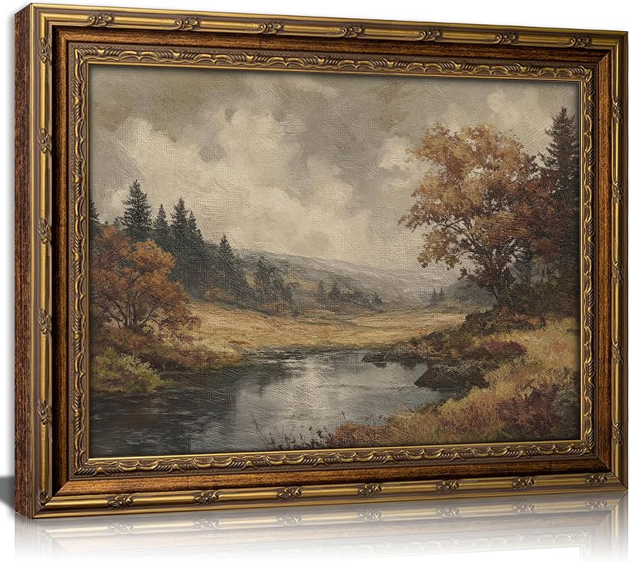 Vintage Gold Framed Moody Landscape Wall art, Cottagecore Fall River Scenery Oil Painting Canvas ... | Amazon (US)