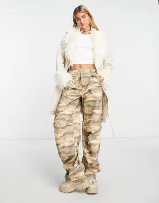 Urban Code pu trench coat with faux shaggy fur collar in cream | ASOS (Global)