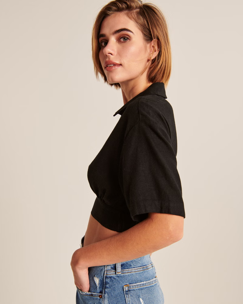 Short-Sleeve Wrap Front Linen-Blend Top | Abercrombie & Fitch (US)