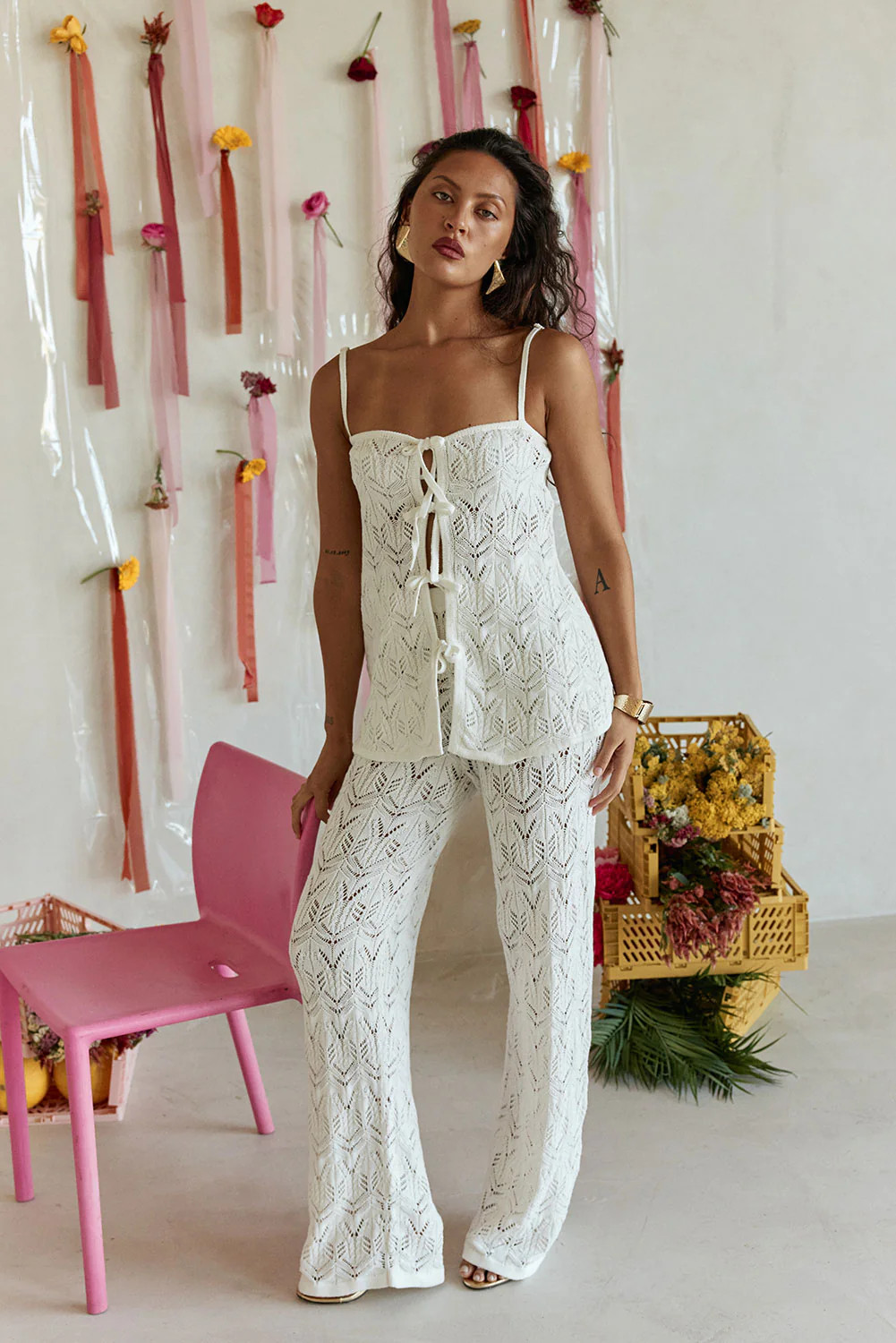 White Crochet Knit High Waist Atley Pants | Sabo Skirt US