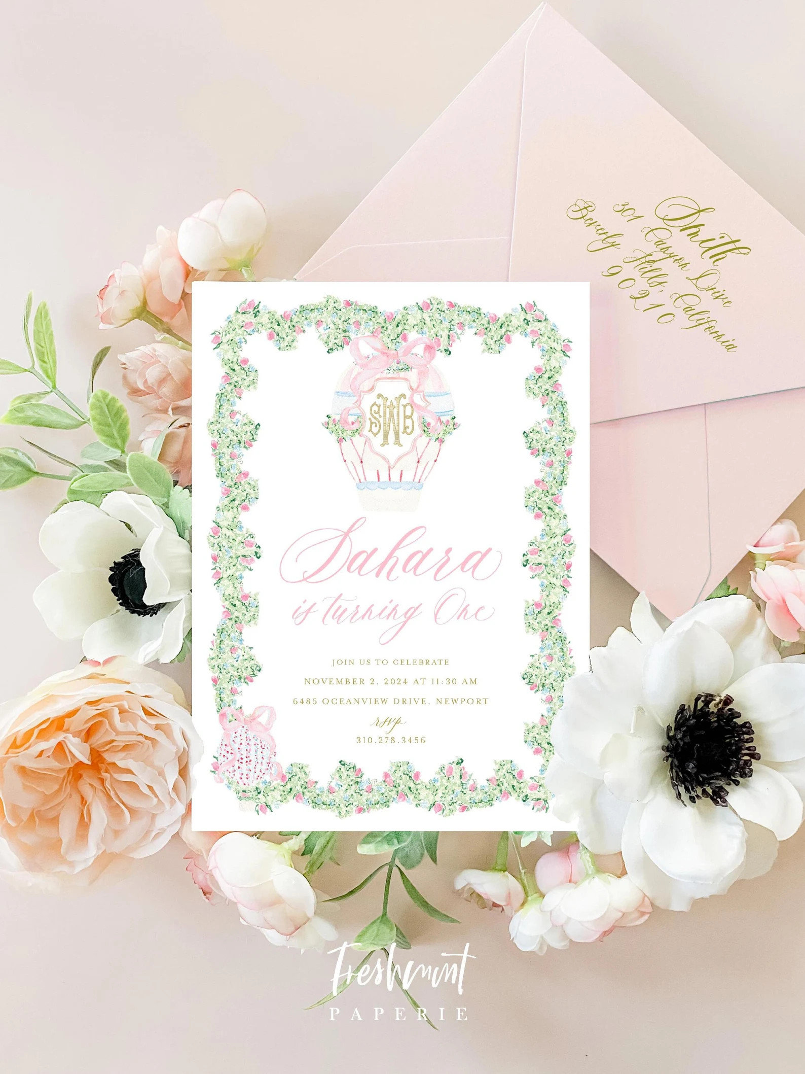 Hot Air Balloon Birthday Invitation, Monogram Crest, Pink Bow | Etsy (Global)