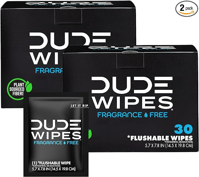 DUDE Wipes - On-The-Go Flushable Wipes - 2 Pack, 60 Wipes - Unscented Extra-Large Individually Wr... | Amazon (US)