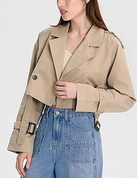 Xiaoxuemeng Womens Cropped Bike Jacket Casual Double Breasted Trench Coat with Belt | Amazon (US)