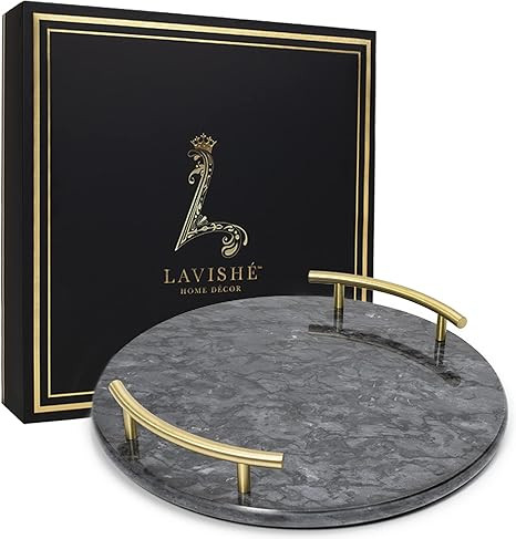 Luxurious Dark Grey/Black Marble Tray for Bathroom with Gold Handles and Legs – 12 inch Diamete... | Amazon (US)
