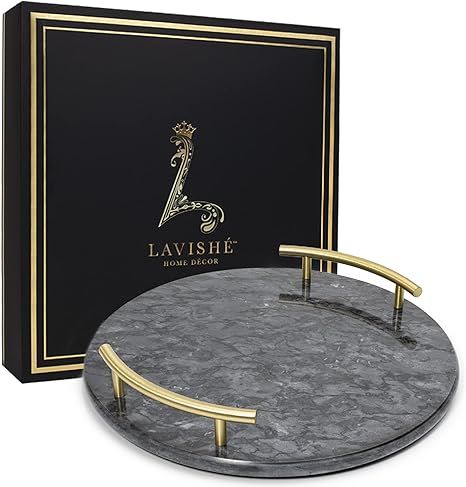 Luxurious Dark Grey/Black Marble Tray for Bathroom with Gold Handles and Legs – 12 inch Diamete... | Amazon (US)