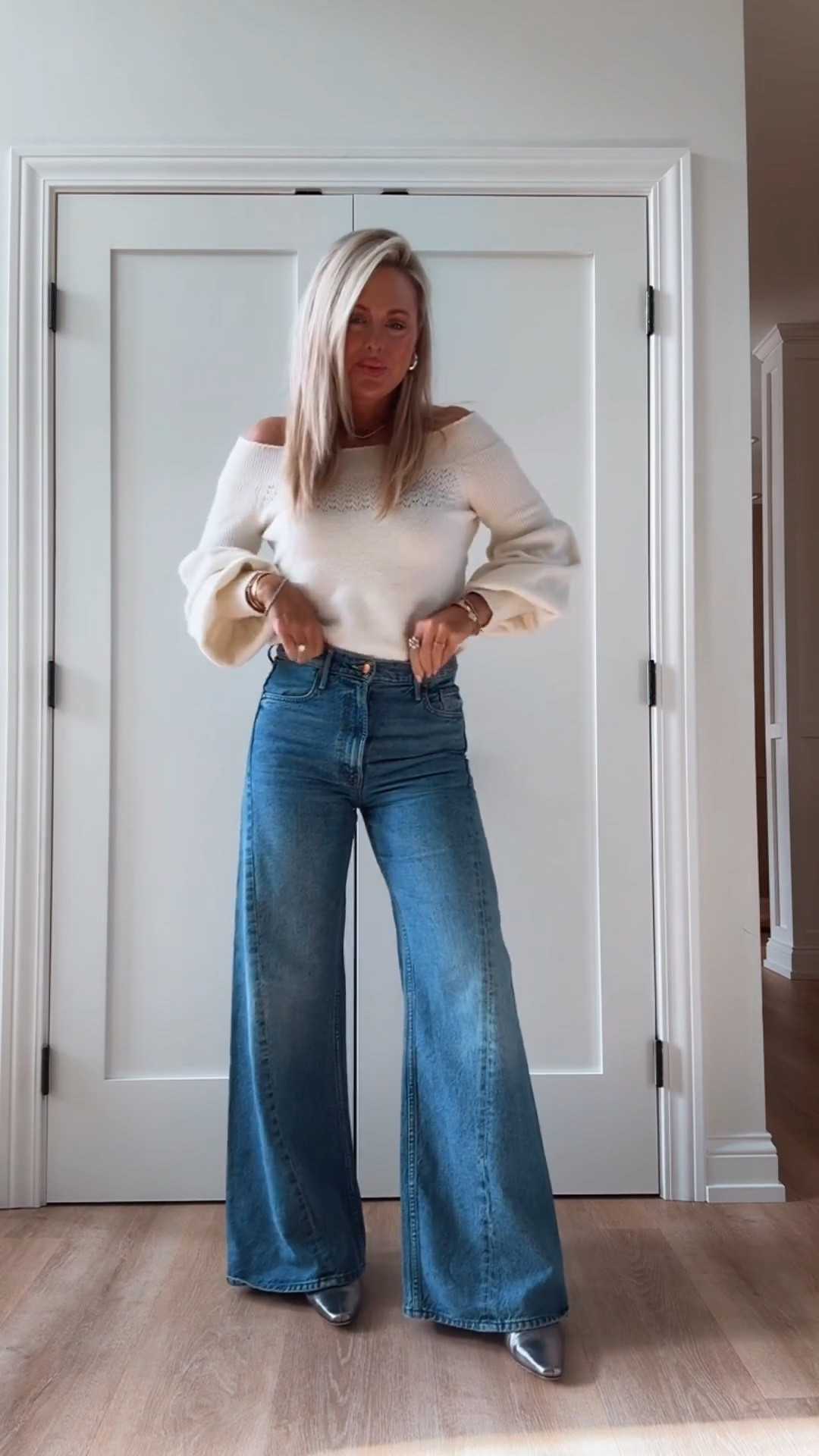 Date night🤍! Sweater also comes in pink! It’s adorable on and these are my best selling jeans! New wash also out now! 

Jeans. Sweater. Date night. 2026. 

#LTKSeasonal #LTKootd