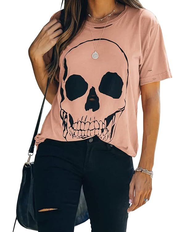 Veatzaer Summer Cotton Graphic Shirts Womens Short Sleeve Crewneck Tees Skull Distressed T Shirt ... | Amazon (US)