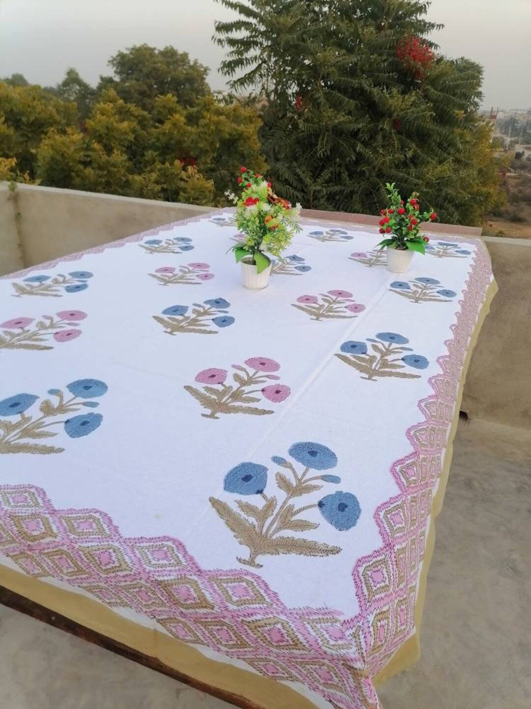 Pine Green and Peanut Brown Print Tablecloth, Palm Tree Print with Green Striped Border, Indian H... | Etsy (US)