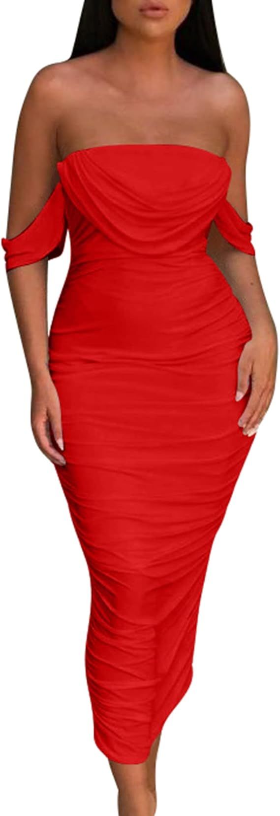 HOCILLE Women's Sexy Ruched Bodycon Strapless Off Shoulder Midi Club Party Tube Dresses | Amazon (US)