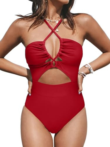 CUPSHE Women's One Piece Swimsuit Plunge Neckline Cutout Criss Cross Bathing Suit, XL Red | Amazon (US)