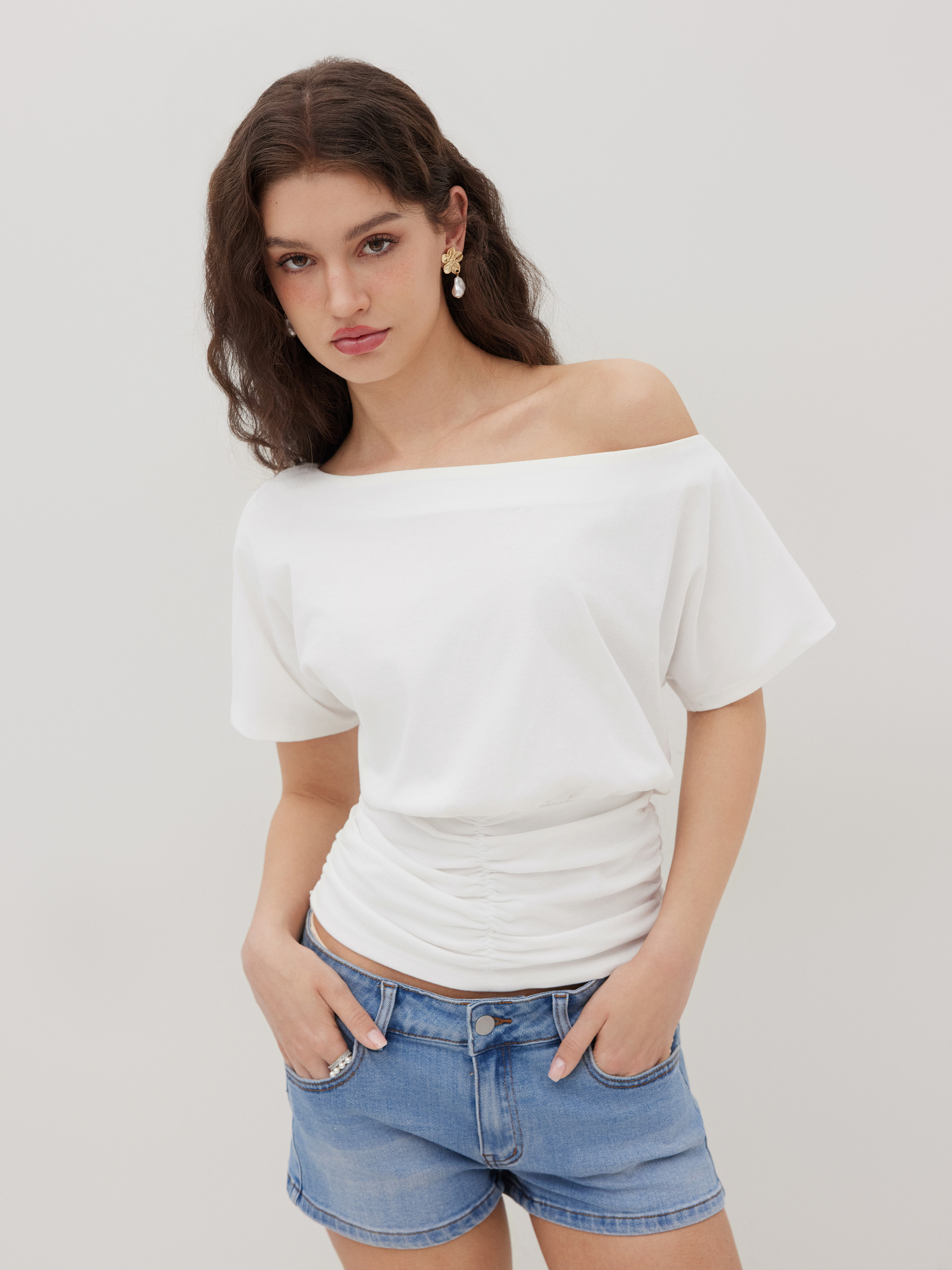 Knit Fabric Cotton-blend Asymmetrical Neck Ruched Tee For Work | Cider
