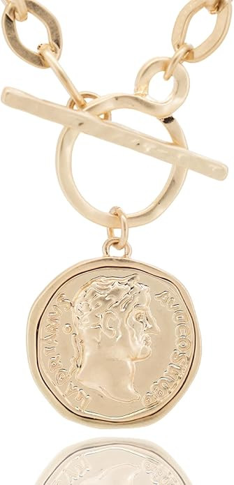 Chunky Coin Antique Gold Plated Thick Link Chain Layered Pendant Necklace for Women 18 Inch Trend... | Amazon (US)