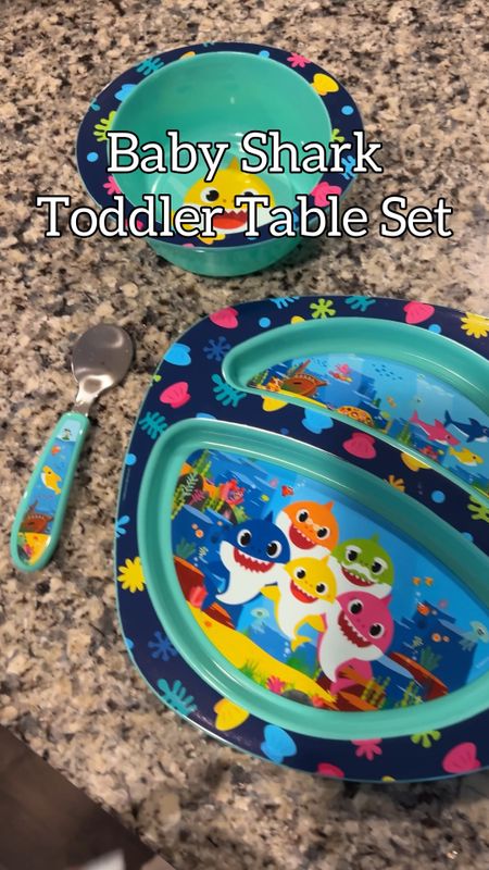 Baby Shark plate set 🦈 
The cutest toddler plate set for learning how to use utensils. Utensils actually grab food but are a full edge to protect learning little’s from getting hurt. Divided plate also comes with a matching fork, spoon and bowl. Highly recommend to first time parents!

Additional cute prints also available.

#LTKbaby #LTKVideo #LTKhome