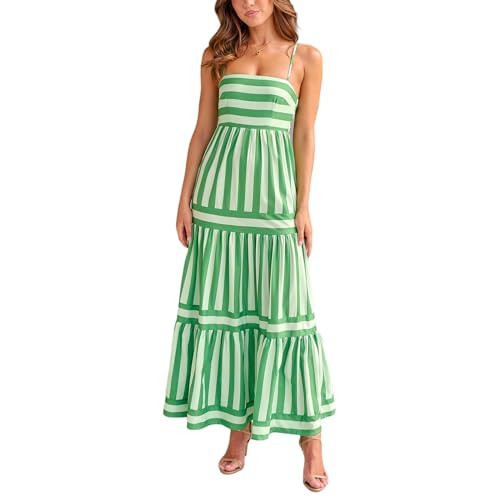 Women Striped Maxi Cami Dress Spaghetti Strap Boho Long Dress Backless Flowy Dress Summer Holiday Beach Dress Green | Amazon (US)