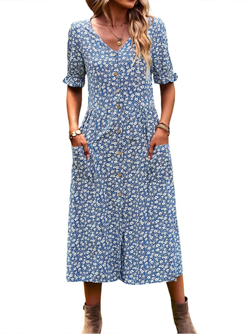 Capreze Ladies Long Dress V Neck Swing Dresses Half Sleeve Summer Beach Sundress Casual Floral Pr... | Walmart (US)