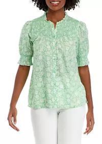 Crown & Ivy™ Women's Short Sleeve Smocked Button Up Printed Top | Belk