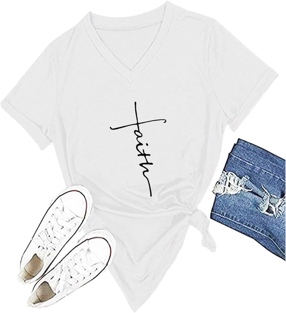 Women Cross Faith T-Shirt Printed V-Neck Casual Short Sleeve Graphic Cute Tops | Amazon (US)