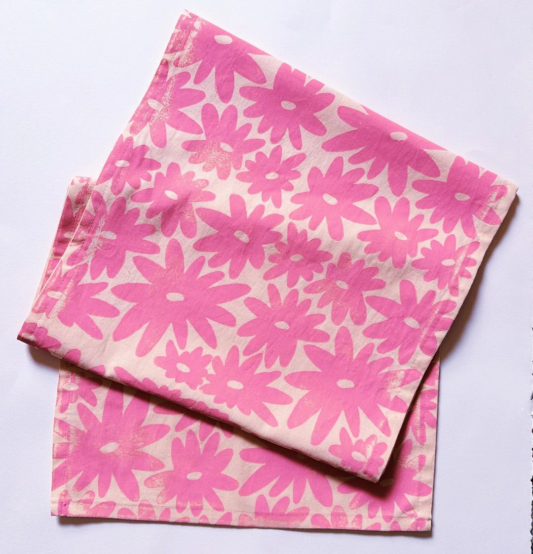 hand block printed table runner. floral splat on blush pink. boho decor. hostess or housewarming ... | Etsy (US)