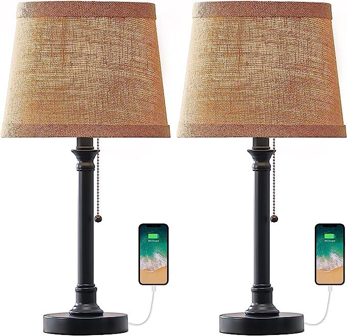 Oneach USB Rustic Table Lamp Set of 2 Bedside Desk Lamp Vintage Reading Lamp Sets with Charging P... | Amazon (US)