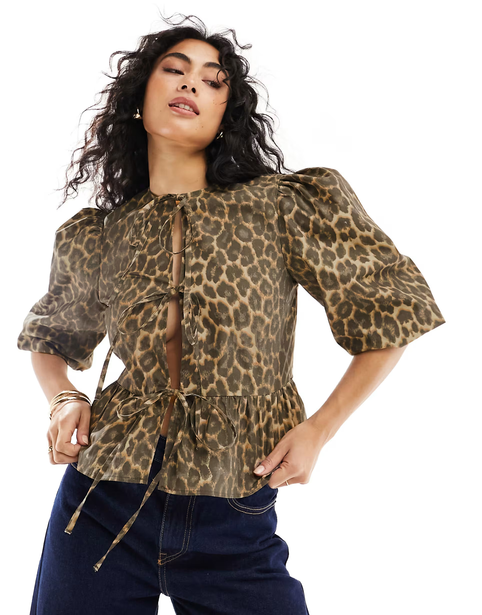 ASOS DESIGN cotton poplin peplum tie shirt top in leopard print | ASOS (Global)