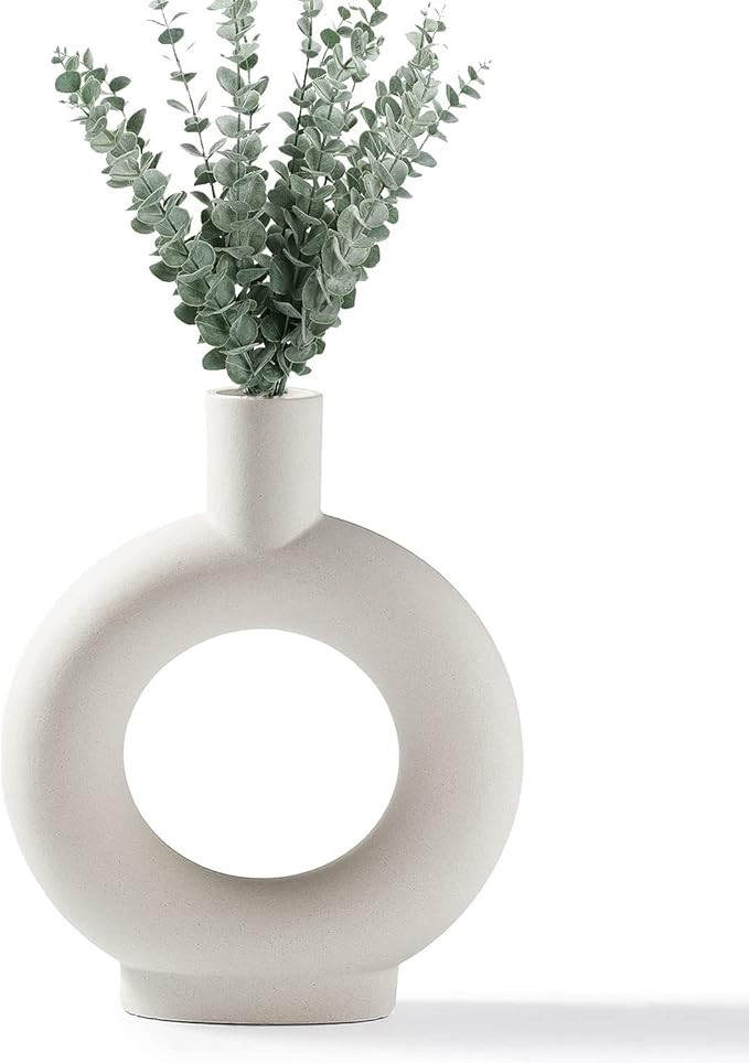 Off-White Ceramic Vase, 9 Inch Hollow Table Vases, Handmade Unglazed Centerpieces for Wedding, B... | Amazon (US)