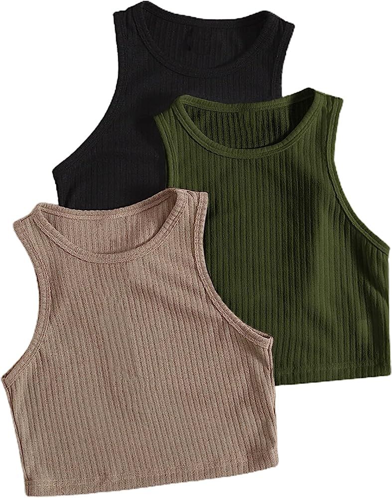 SheIn Women's 3 Pieces Round Neck Ribbed Knit Tank Top Sleeveless Solid Crop Tops | Amazon (US)