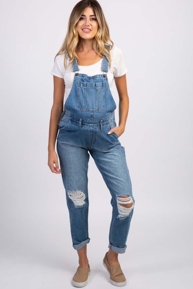 Waverleigh Blue Distressed Cuffed Maternity Denim Overalls | PinkBlush Maternity