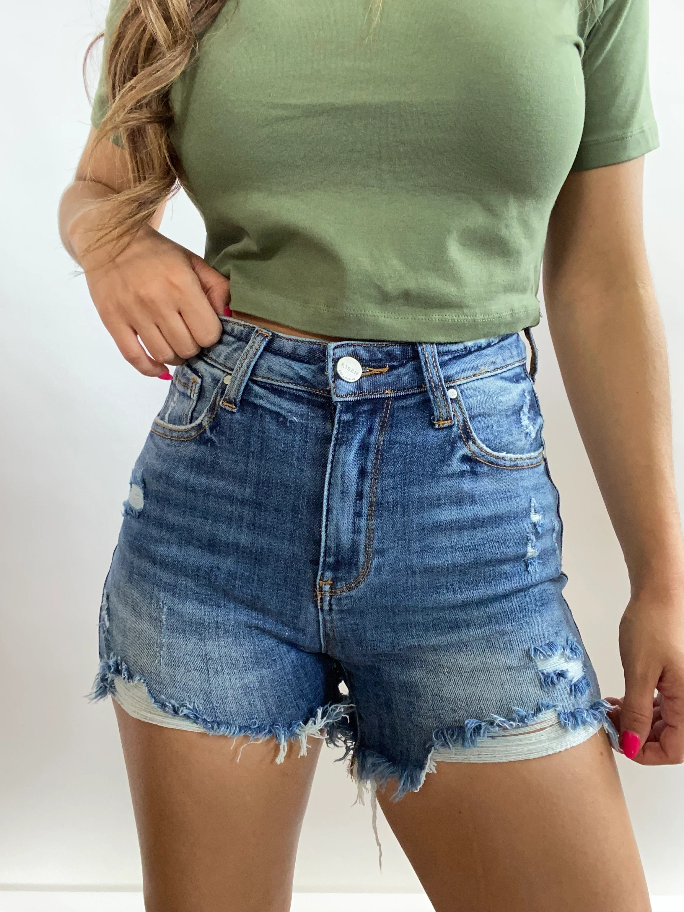 Step Up Medium Wash Risen Denim Shorts | Willow Boutique