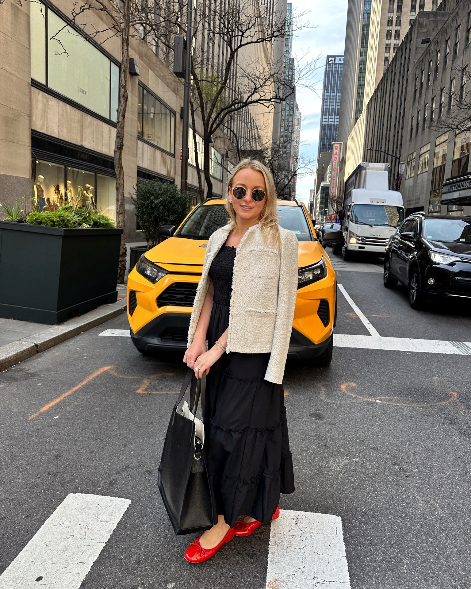 Easy jacket, red ballet flats, and leather tote! The perfect business casual look. Dress is linked on my Amazon storefront 💼 #workwear #businesscasual #workbag #worktote 

#LTKitbag #LTKworkwear #LTKsalealert