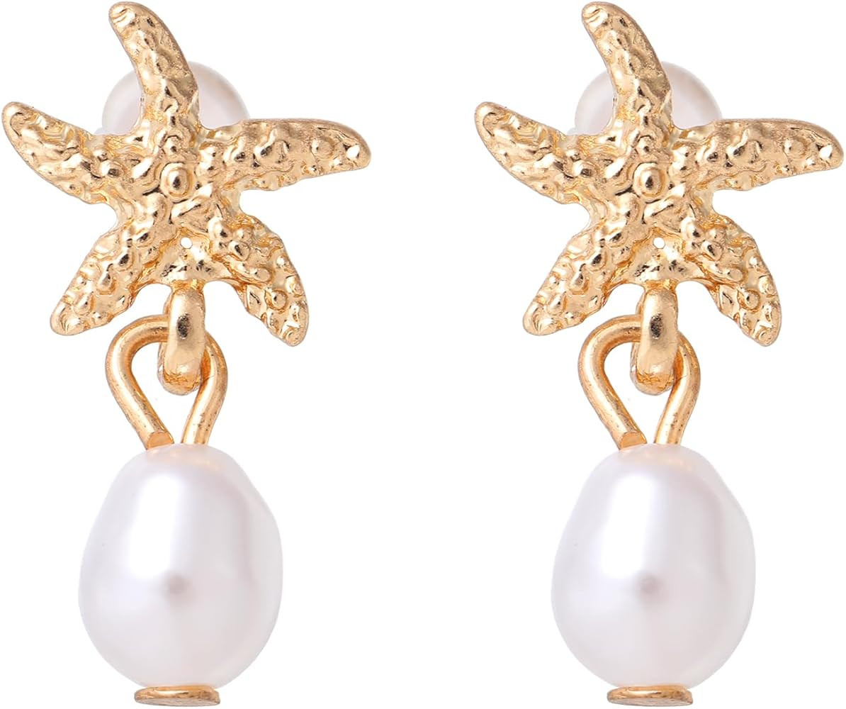 Starfish Pearl Earrings for Women, Gold Shell Star Fish Stud Earrings Chunky Drop Dangle Earring ... | Amazon (US)
