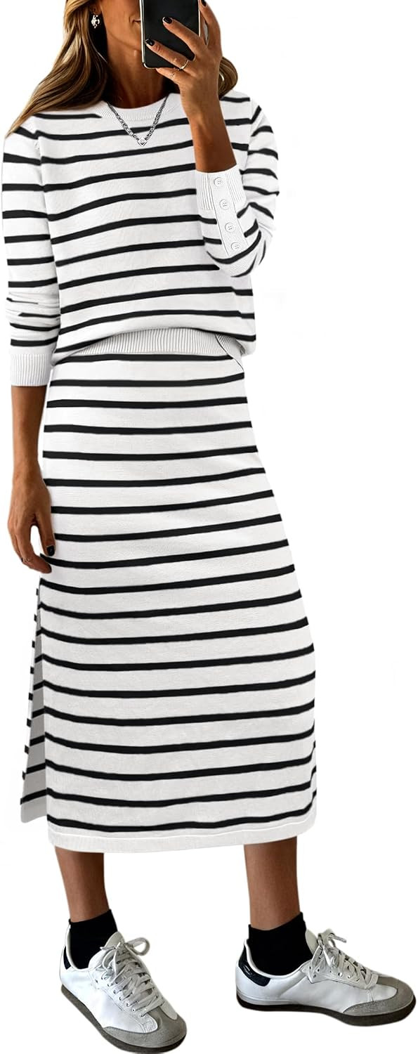 ANRABESS Women 2 Piece Striped Sweater Skirt Set | Amazon (US)