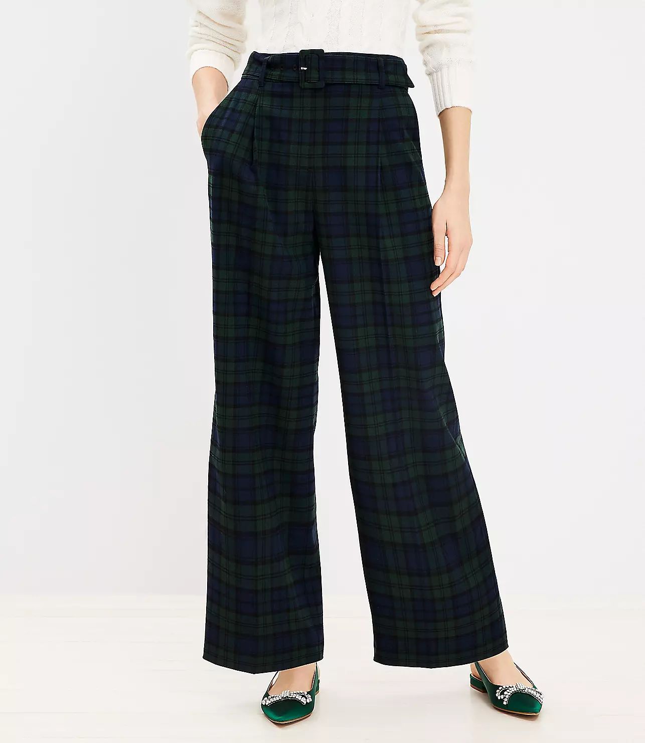 Belted Wide Leg Pants in Plaid Brushed Flannel | LOFT