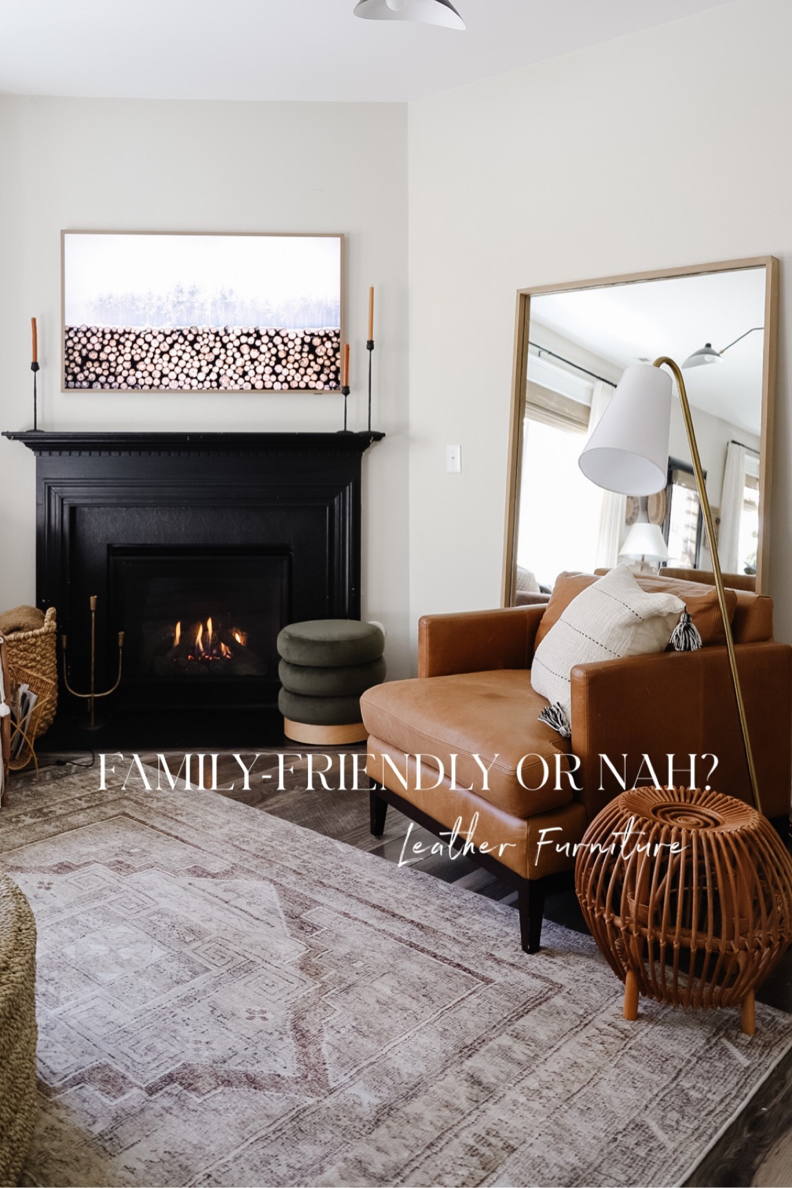 Leather chair, brown rug, floor lamp, green velvet ottoman 

#LTKhome