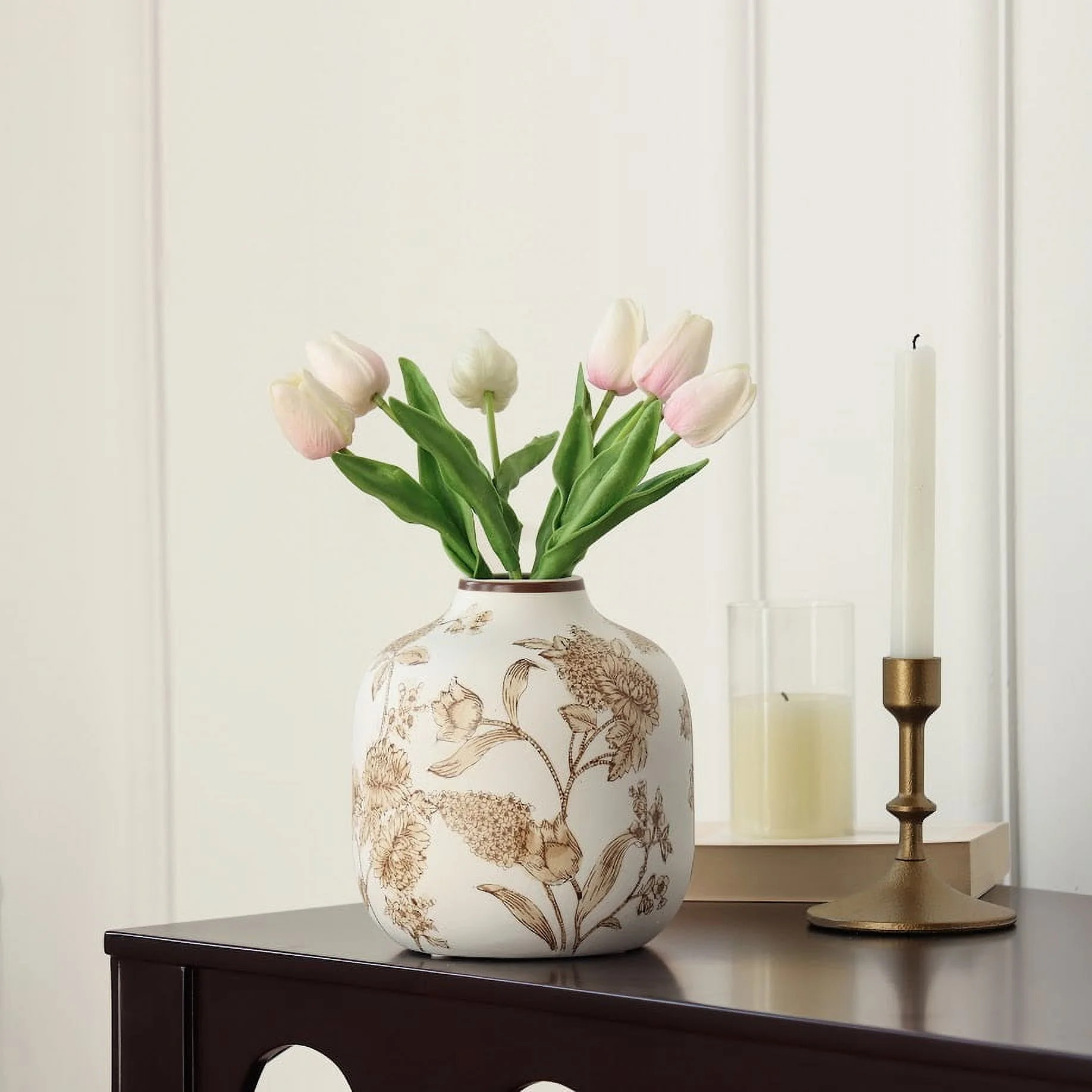 Home Decor Collection White Ceramic Brown Floral Painted Tabletop Vase | Walmart (US)